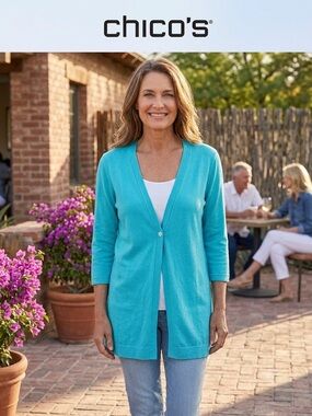 Chico's Aqua/Turquoise V-Neck Lightweight Cardigan
